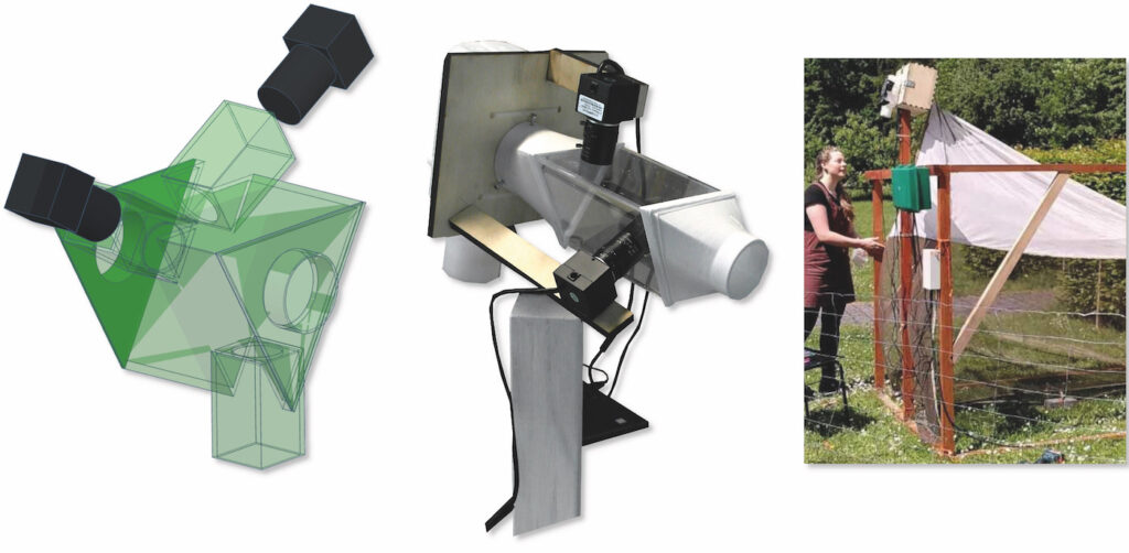 KI-Malaisefalle. Erstes einfaches CAD-Modell (links), prototypische Umsetzung (Mitte) und praktische Anwendung (rechts)