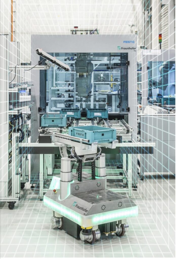 Reinforcement Learning ermöglicht, den Materialtransport im Produktionssystem optimal zu steuern. Quelle: Fraunhofer IPA/IFF Universität Stuttgart/Foto: Rainer Bez.