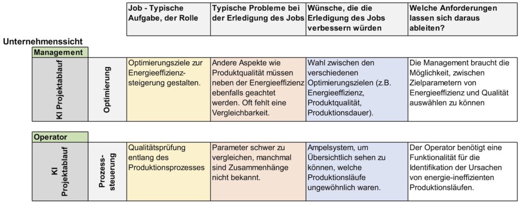 Beispielhafte Einträge und erhobene Anforderungen im Rahmen des Vorgehens