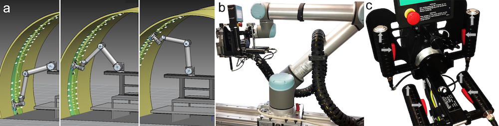 Robotersystem in einer virtuellen Kinematikstudie, kombiniertes Roboter-Setzgerät-Systems in der Realität, Stanzniet-Setzgerät mit redundanten Wipp- und Daumentastern