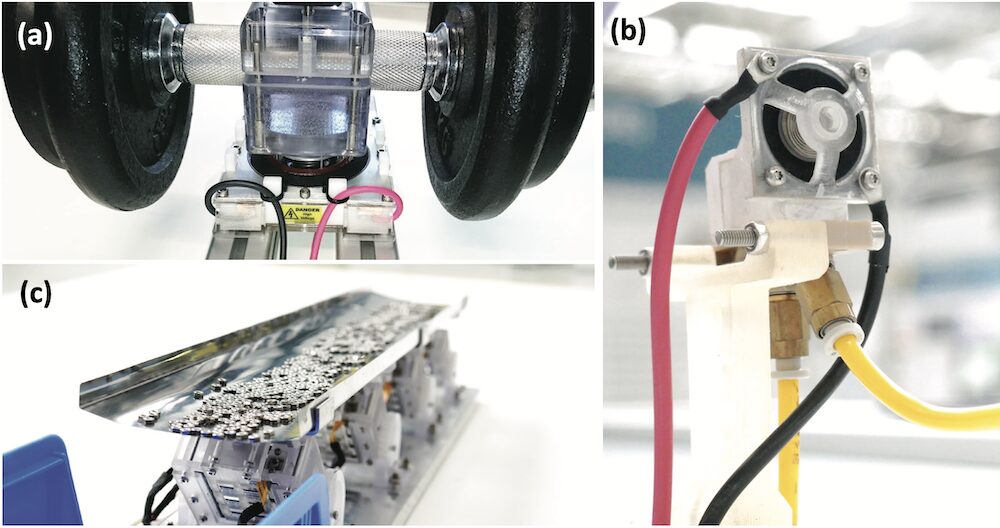 Beispiele von DE-Applikationen: High-Force-Aktor (a), pneumatisches Ventil (b) und Vibrations- förderer