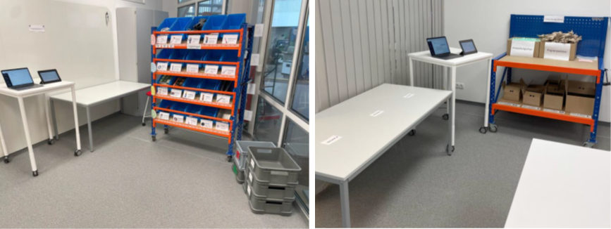 Bild 3: Versuchsumgebung Nutzerstudie 2, Kommissionierung (links) und Verpackung (rechts); anbei jeweils das Assistenzsystem bestehend aus zwei mobilen Endgeräte für den KI-Chatbot (Laptop) und zur Prozessführung (Tablet).