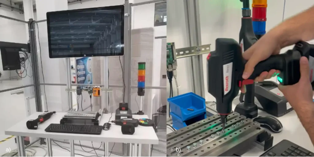 Demonstrator showing a) workstation set-up and b) cordless networked screwdriving for assembly