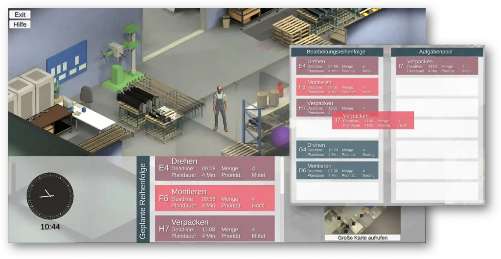 The serious game’s main view (in the back) and planning window (in the front) are used to make task sequencing decisions and process tasks in the simulated job shop environment (the interface is in German)