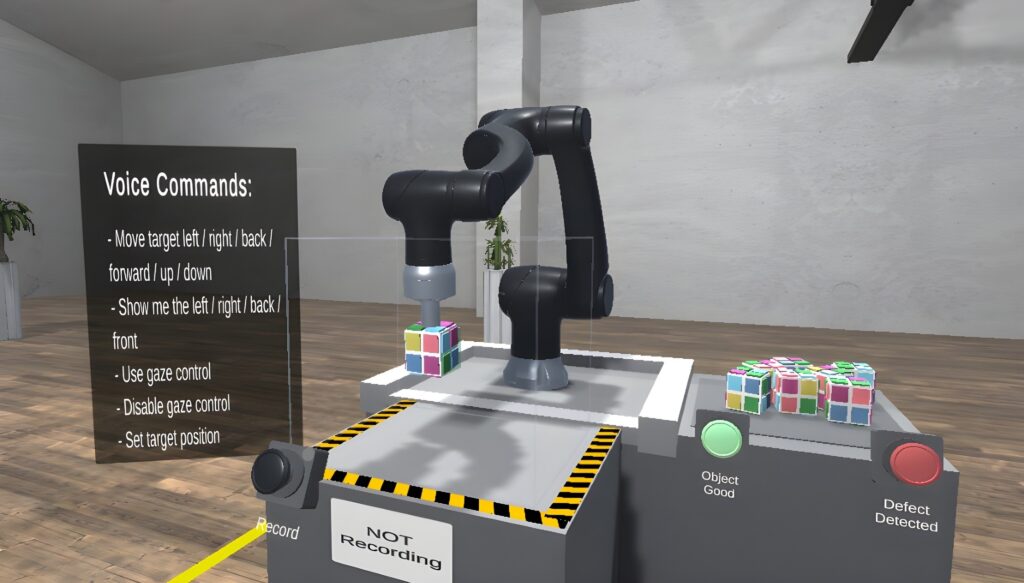 Figure 2: Multimodal pre-configuration of cobot tasks (voice/eye tracking) in VR.
