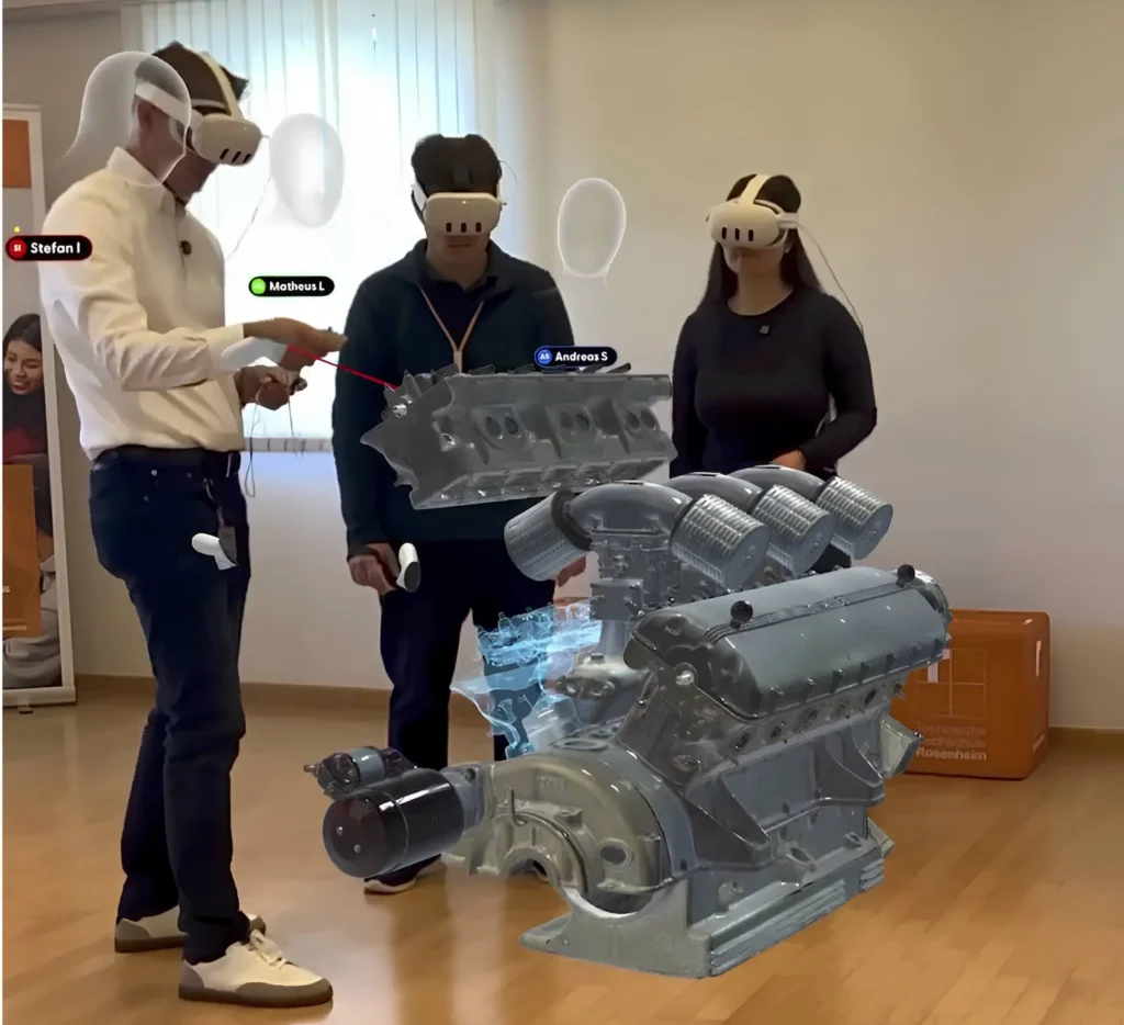 Bild 4: Gemeinsame Designprüfung eines Ferrari-Lampredi-V12-Motormodells vor Ort mit Campfire, die die gemeinsame räumliche Wahrnehmung und individuelle Blickwinkel in einer MR-Sitzung mit mehreren Benutzern veranschaulicht.