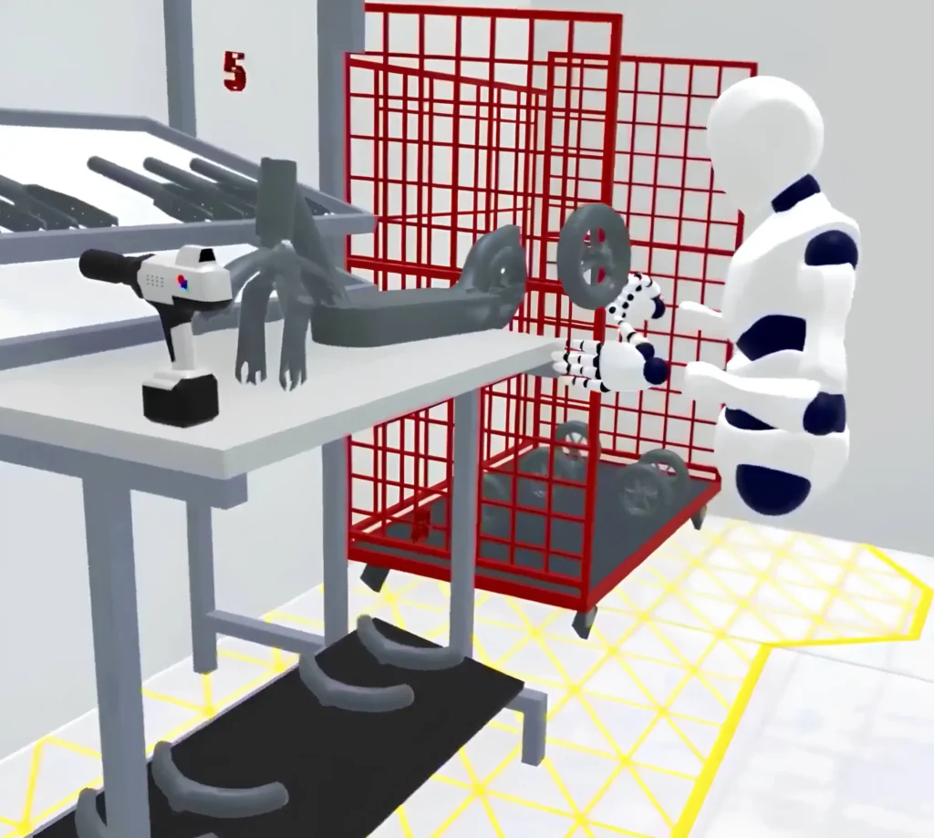 Bild 5: Visualisierung des Montage-Workflows in Halocline, die einen Avatar zeigt, der die Montage eines Rollers in der virtuellen Fertigungshalle durchführt.